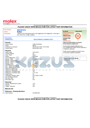 88766-7810 datasheet - 1.90mm (.075) Pitch MicroCross P&D Digital (M)-to-DVI Digital (M)  USB Type A (M), 3.0m (9.84) Length, Leadfree