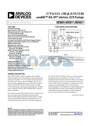 AD5621AKS datasheet - 2.7 V to 5.5 V, <100 UA, 8-/10-/12-Bit nanoDAC D/A, SPI Interface, SC70 Package