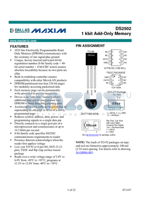 DS2502 datasheet - 1 kbit Add-Only Memory