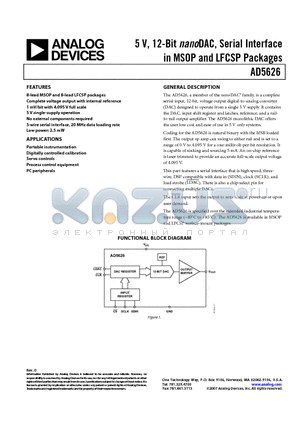 AD5626BCPZ datasheet - 5V,12-Bit nanoDAC, Serial Interface in MSOP and LFCSP Packages