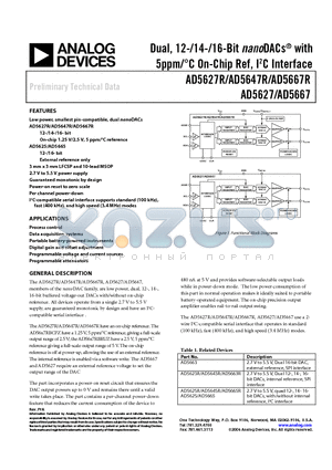 AD5627BCPZ-REEL7 datasheet - Dual, 12-/14-/16-Bit nanoDACs with 5ppm/C On-Chip Ref, I2C Interface