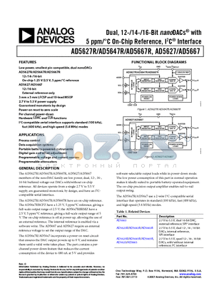 AD5627BRMZ datasheet - Dual, 12-/14-/16-Bit nanoDACs^ with 5 ppm/`C On-Chip Reference, I2C^ Interface