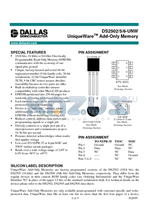 DS2505-UNW-PPPP datasheet - UniqueWare Add-Only Memory