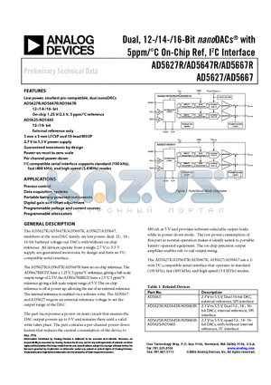 AD5627R datasheet - Dual, 12-/14-/16-Bit nanoDACs with 5ppm/C On-Chip Ref, I2C Interface