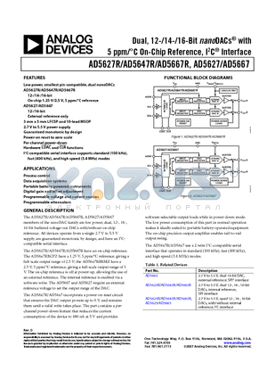 AD5627 datasheet - Dual, 12-/14-/16-Bit nanoDACs^ with 5 ppm/`C On-Chip Reference, I2C^ Interface