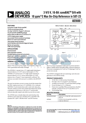 AD5660ARJ-2 datasheet - 3 V/5 V, 16-Bit nanoDACTM D/A with 10 ppm/`C Max On-Chip Reference in SOT-23