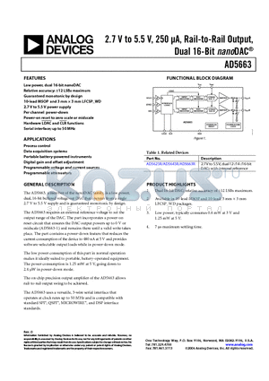 AD5663BCPZ-REEL7 datasheet - 2.7 V to 5.5 V, 250 uA, Rail-to-Rail Output, Dual 16-Bit nanoDAC