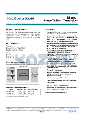 DS26521LN+ datasheet - Single T1/E1/J1 Transceiver