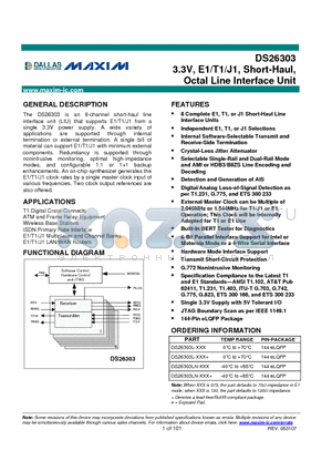 DS26303L-XXX+ datasheet - 3.3V, E1/T1/J1, Short-Haul, Octal Line Interface Unit
