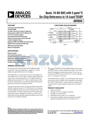 AD5666 datasheet - Quad, 16-Bit DAC with 5 ppm/C On-Chip Reference in 14-Lead TSSOP