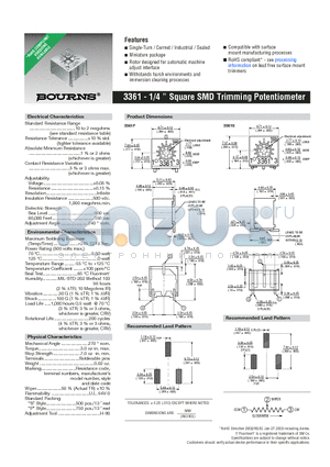 3361 datasheet - 1/4  Square SMD Trimming Potentiometer