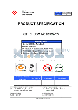 CSM-88211V9 datasheet - 2.3 Inch 8X8 Dot-Matrix Display