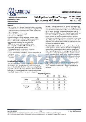 GS882Z18BB-150IV datasheet - 9Mb Pipelined and Flow Through Synchronous NBT SRAM