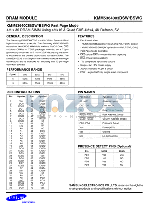 KMM5364003BSWG datasheet - 4M x 36 DRAM SIMM Using 4Mx16 & Quad CAS 4Mx4, 4K Refresh, 5V