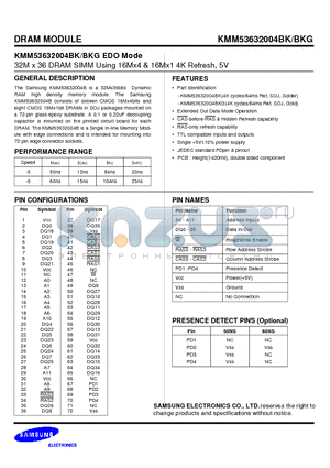 KMM53632004BK datasheet - 32M x 36 DRAM SIMM Using 16Mx4 & 16Mx1 4K Refresh, 5V