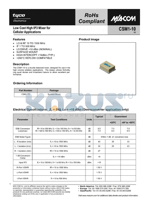 CSM1-10 datasheet - Low Cost High IP3 Mixer for Cellular Applications