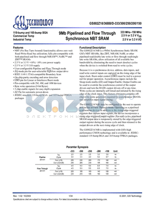 GS882Z18BB-250 datasheet - 9Mb Pipelined and Flow Through Synchronous NBT SRAM
