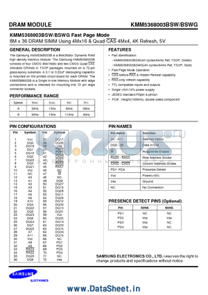 KMM5368003BSW datasheet - 8M x 36 DRAM SIMM Using 4Mx16 & Quad CAS 4Mx4, 4K Refresh, 5V