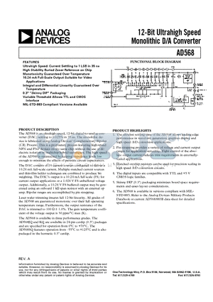 AD568KQ datasheet - 12-Bit Ultrahigh Speed Monolithic D/A Converter