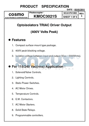 KMOC3021S datasheet - Optoisolators TRIAC Driver Output