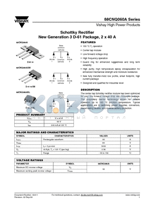 88CNQ060ASL datasheet - Schottky Rectifier New Generation 3 D-61 Package, 2 x 40 A