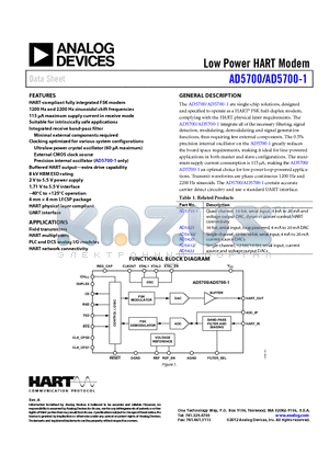 AD5700-1ACPZ-RL7 datasheet - Low Power HART Modem