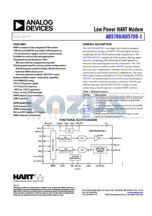 AD5700-1BCPZ-RL7 datasheet - Low Power HART Modem