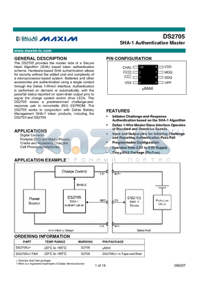 DS2705U+ datasheet - SHA-1 Authentication Master