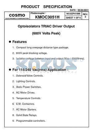 KMOC3051H datasheet - Zero Crossing Optoisolators TRIAC