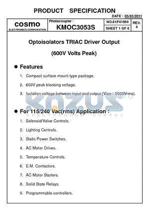 KMOC3053S datasheet - PRODUCT SPECIFICATION