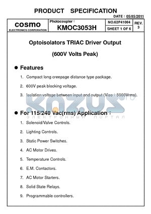 KMOC3053H datasheet - Optoisolators TRIAC Driver Output