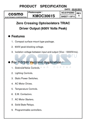 KMOC3061S_11 datasheet - Zero Crossing Optoisolators TRIAC