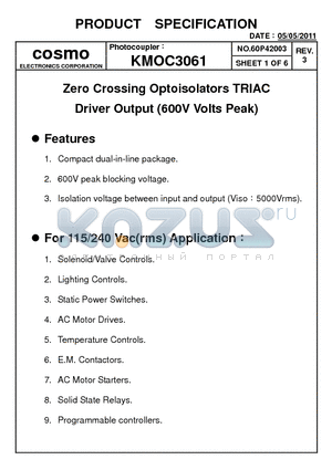 KMOC3061_11 datasheet - Zero Crossing Optoisolators TRIAC