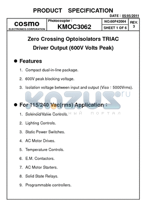 KMOC3062_11 datasheet - Zero Crossing Optoisolators TRIAC