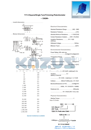 3362M504 datasheet - 77.2 Square/Single Turn/Trimming Potentiometer