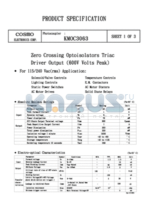 KMOC3063 datasheet - ZERO CROSSING OPTOISOLATORS TRIAC DRIVER OUTPUT