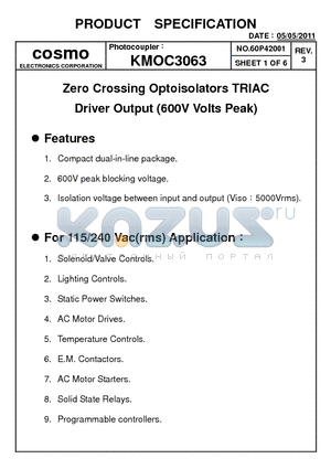 KMOC3063_11 datasheet - Zero Crossing Optoisolators TRIAC