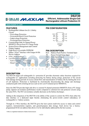 DS2720 datasheet - Efficient, Addressable Single-Cell Rechargeable Lithium Protection IC