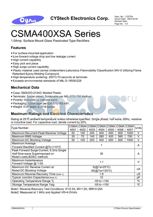 CSMA4001XSA datasheet - 1.0Amp. Surface Mount Glass Passivated Type Rectifiers