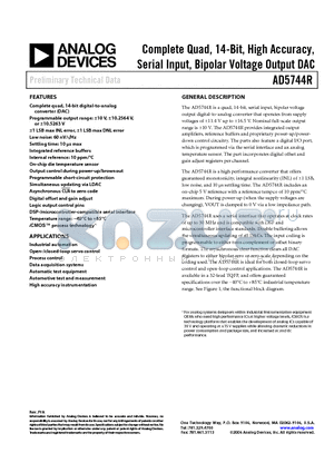 AD5744R datasheet - Complete Quad, 14-Bit, High Accuracy, Serial Input, Bipolar Voltage Output DAC