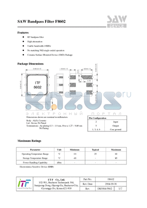 F8602 datasheet - SAW Bandpass Filter