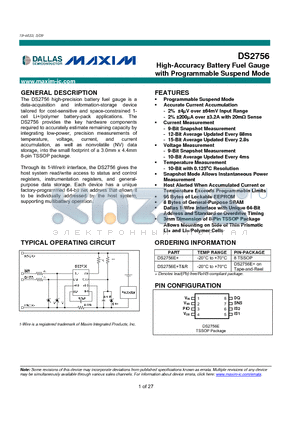 DS2756 datasheet - High-Accuracy Battery Fuel Gauge with Programmable Suspend Mode