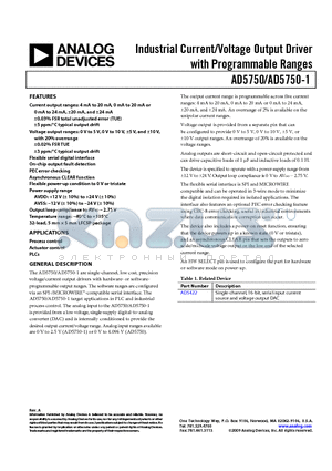 AD5750-1 datasheet - Industrial Current/Voltage Output Driver with Programmable Ranges