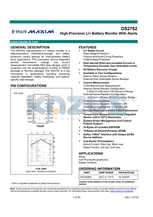 DS2762A datasheet - High-Precision Li Battery Monitor With Alerts