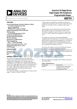 AD5751 datasheet - Industrial I/V Output Driver, Single Supply, 60v Compliance, Programmable Ranges