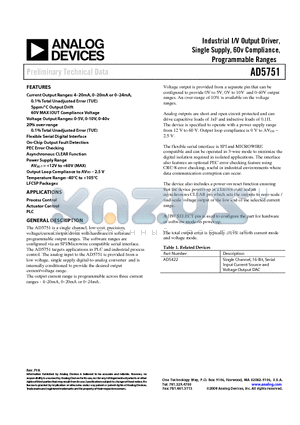 AD5751BCPZ datasheet - Industrial I/V Output Driver, Single Supply, 60v Compliance, Programmable Ranges