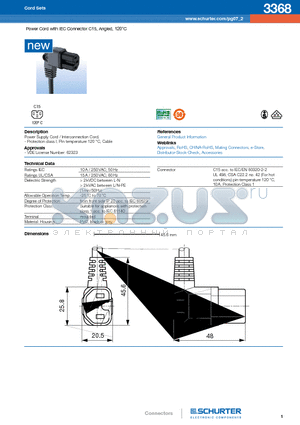 3368 datasheet - Power Cord with IEC Connector C15, Angled, 120`C