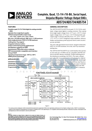 AD5754 datasheet - Complete, Quad, 12-/14-/16-Bit, Serial Input, Unipolar/Bipolar Voltage Output DACs