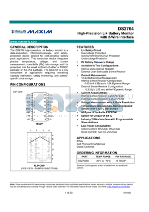 DS2764AX-025/T datasheet - High-Precision Li Battery Monitor with 2-Wire Interface