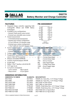 DS2770AE datasheet - Battery Monitor and Charge Controller